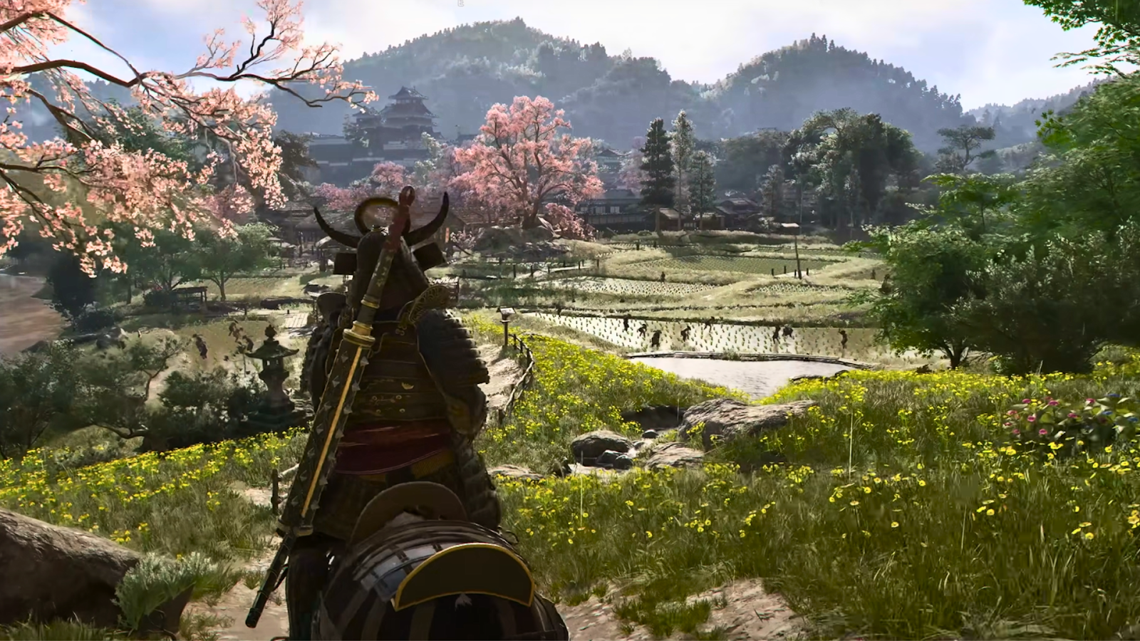 Exploring the farmland cherry blossoms in a village within Assassin's Creed: Shadow.