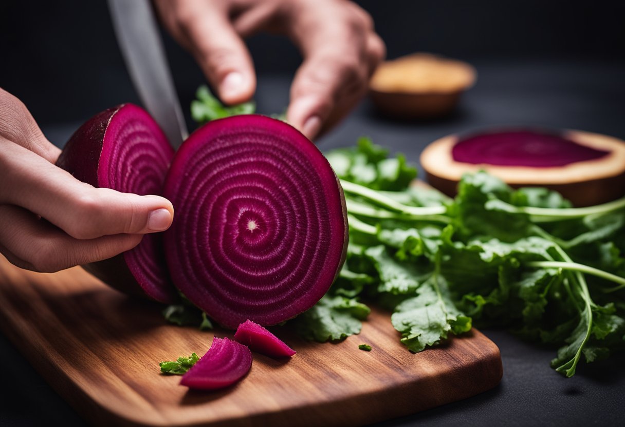 A vibrant beetroot being sliced, releasing a deep red hue. Nutritional benefits and uses of the natural colorant are displayed