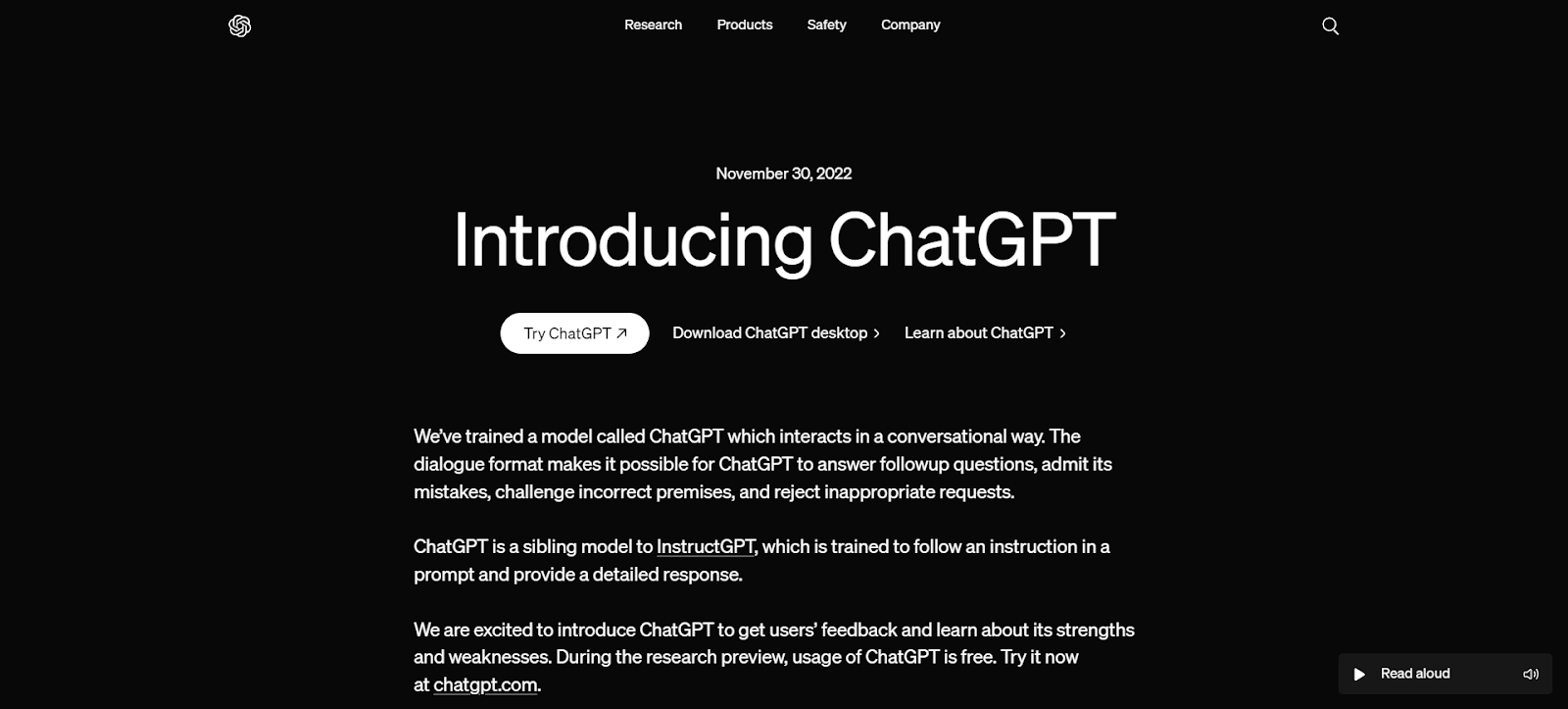 A screenshot of ChatGPT's website