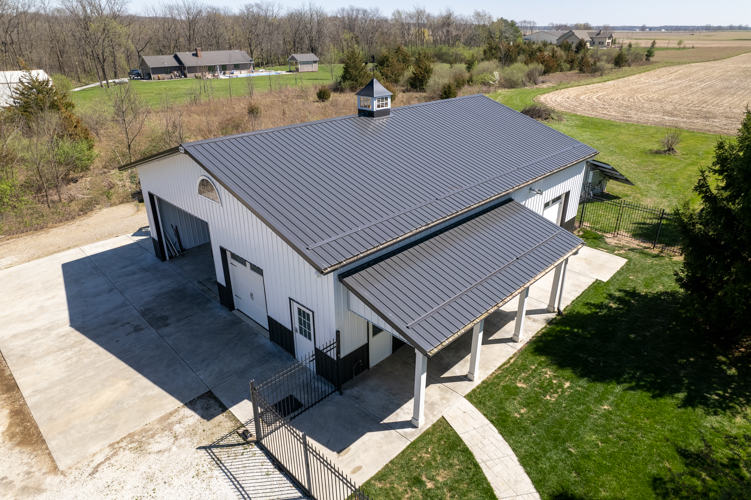 Areal view of a white pole barn