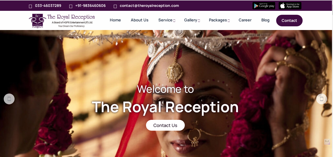 The Royal Reception Website Hero Section