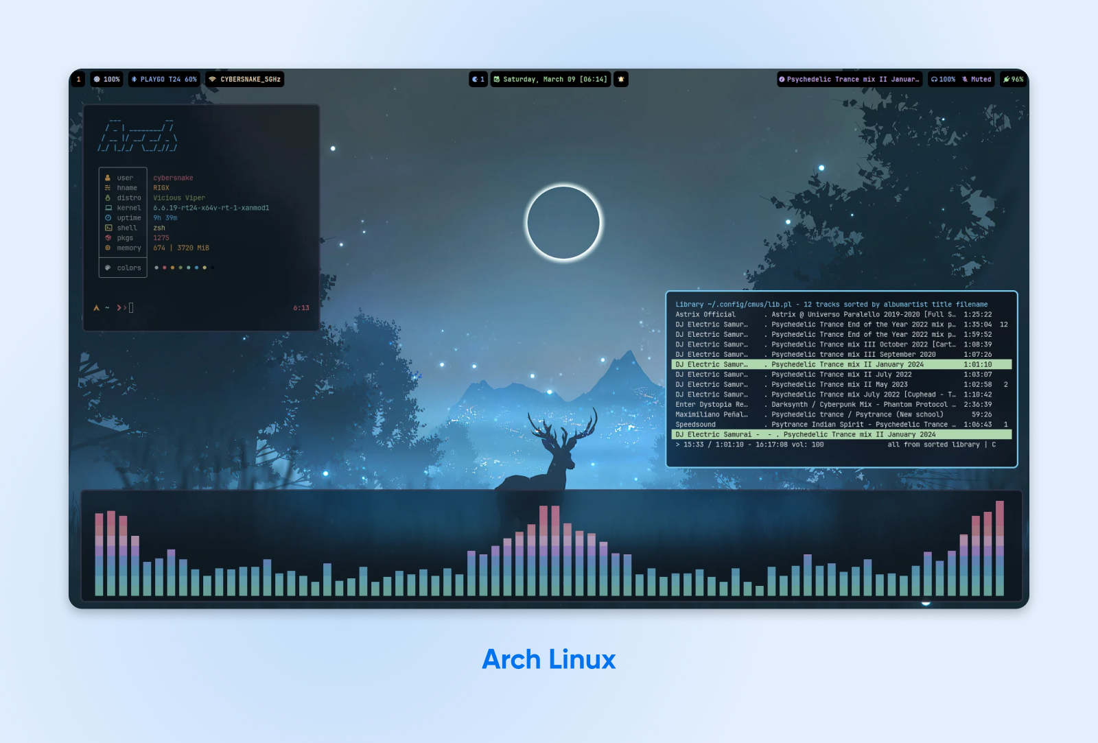 El escritorio Arch Linux con reproductor de música muestra una lista de canciones de mezclas de trance contra un fondo de cielo nocturno con una silueta de ciervo.