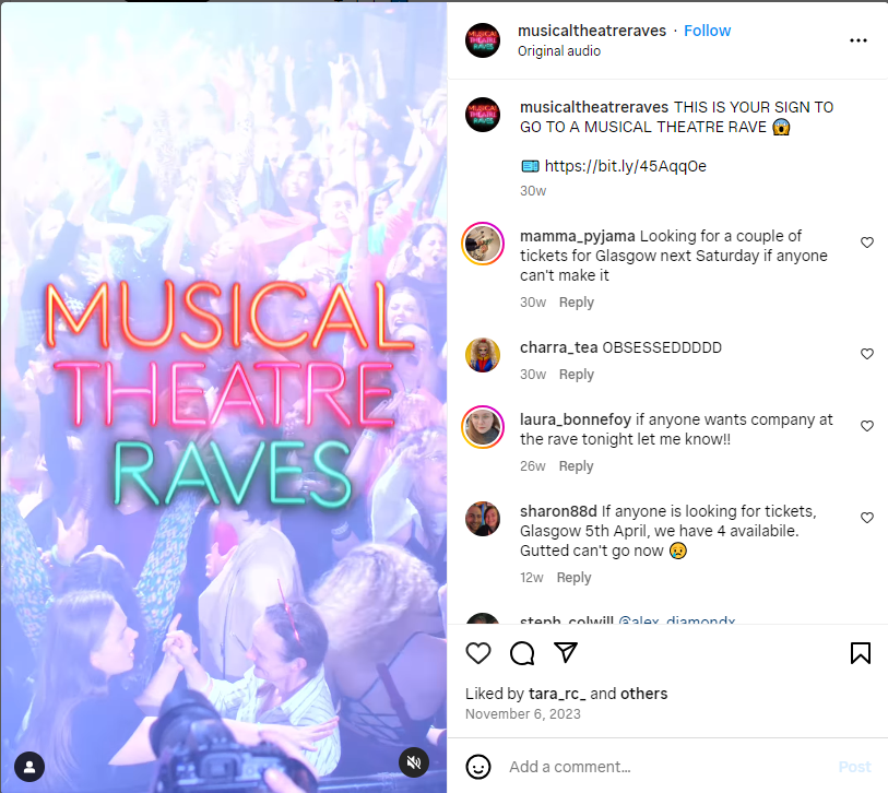 Screenshot of the comment section for an instagram post from Musical Theatre Raves.