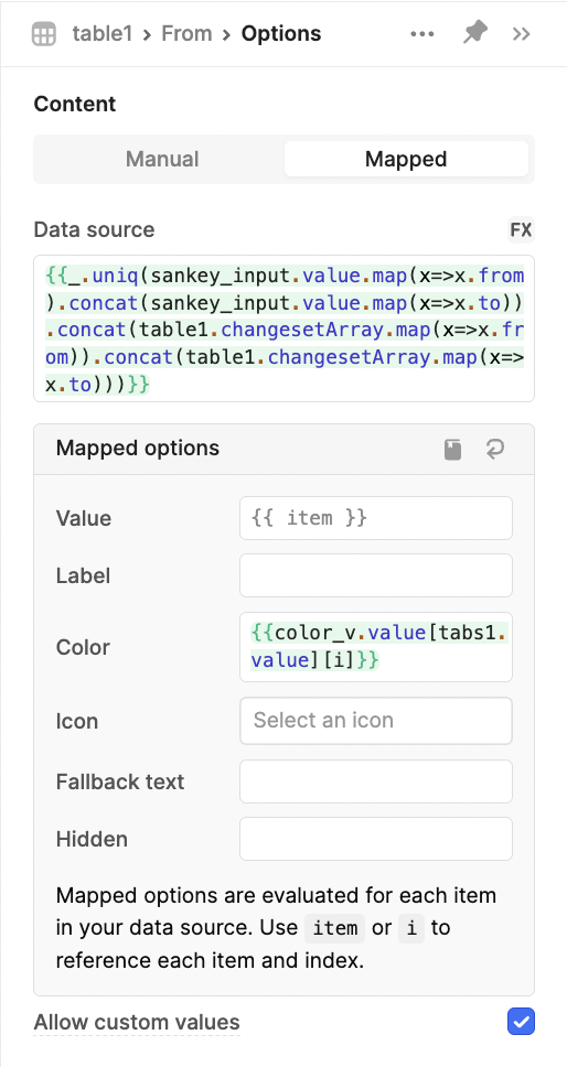 Code in Retool to define dropdown options