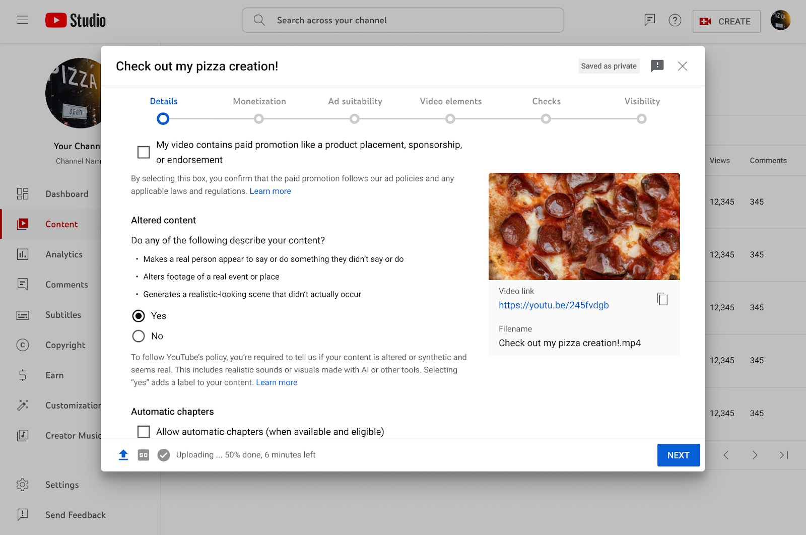 Image 1: YouTube Studio 上傳一個名為「Check out my pizza creation!」的影片，右側顯示影片縮圖和影片連結，包含一些影片詳細資訊和選項，如是否包含付費推廣內容和自動章節