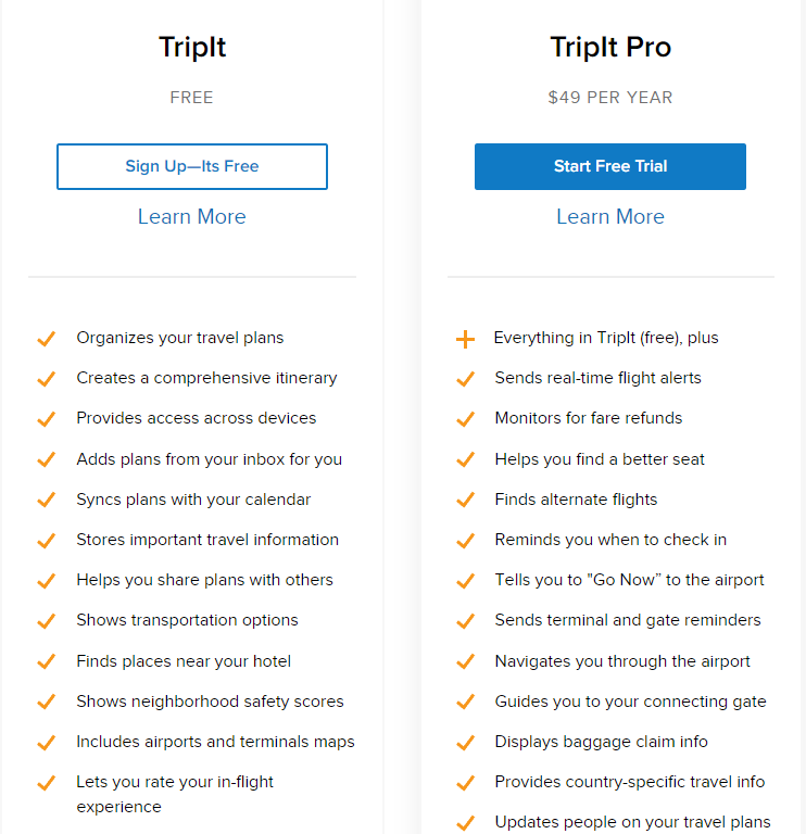 TripIt  Plans and Pricing 