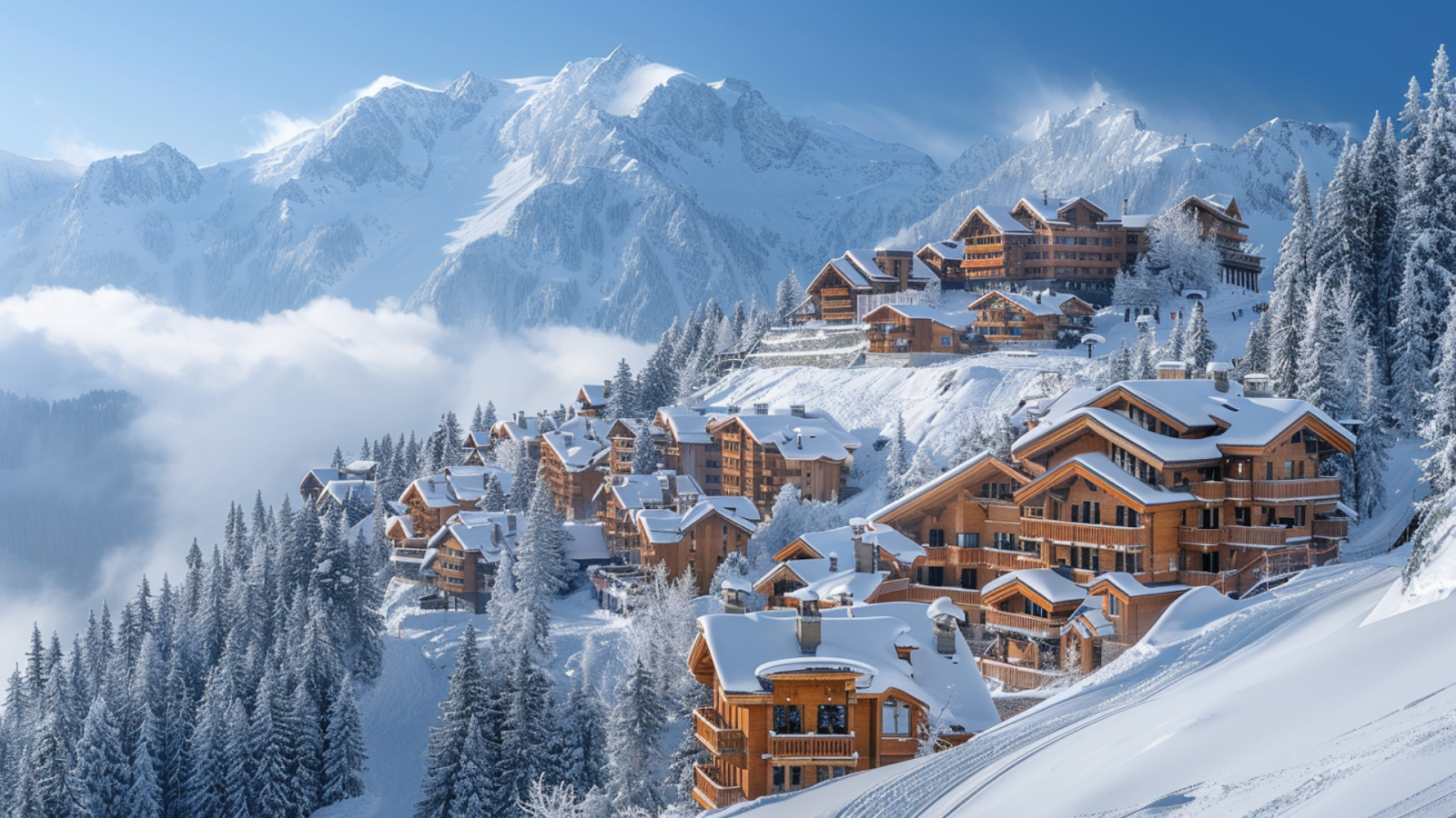 The powdery slopes of Courchevel, France, with ski chalets in the background
