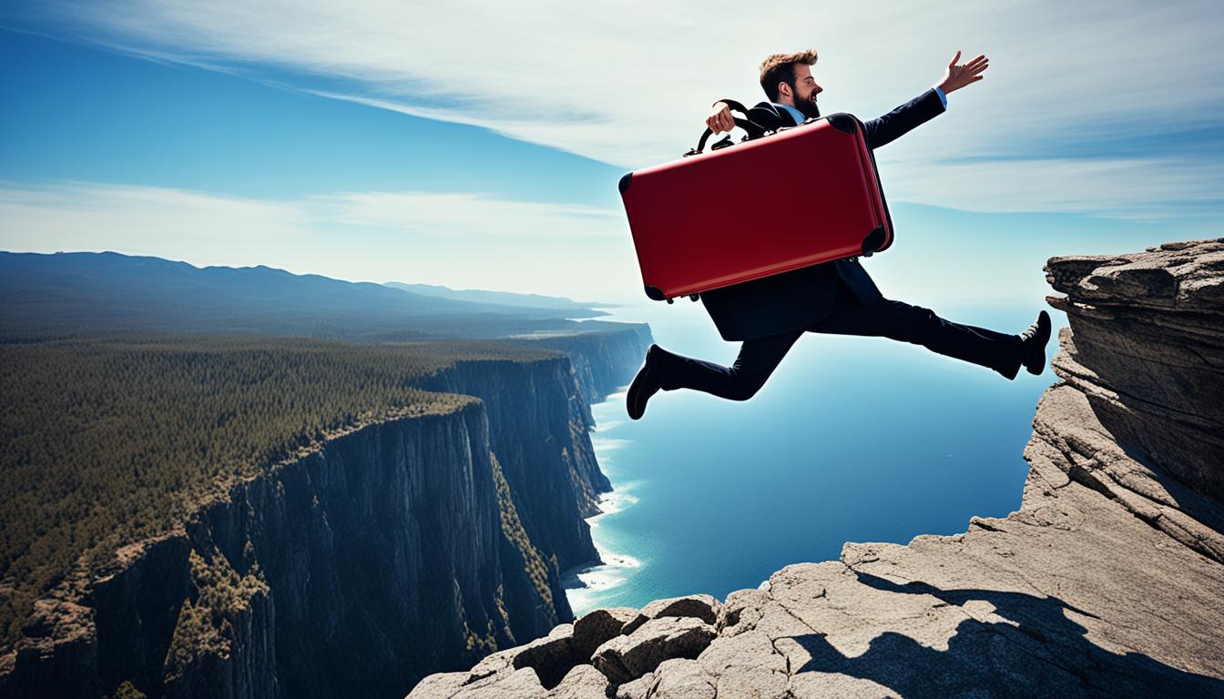 A person standing on the edge of a cliff, letting go of a heavy suitcase that represents attachment. The suitcase is tumbling down the side of the cliff, while the person watches calmly. The sky above is clear and bright, symbolizing freedom and possibility. The person has a peaceful expression on their face, indicating that they trust the process of releasing attachment and manifesting their desires.