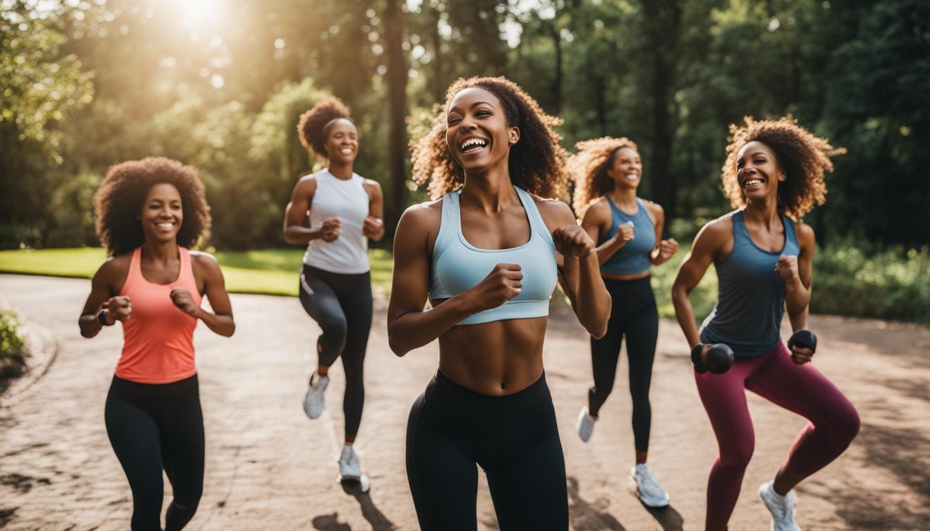 Visualize a group of people exercising together outdoors in a park, surrounded by greenery and nature. They are all smiling and cheering each other on, creating a supportive and positive environment for achieving their fitness goals. Motivational quotes can be seen written on their workout clothes or in the background. The image should convey a sense of camaraderie and teamwork as they work towards their dream bodies together.