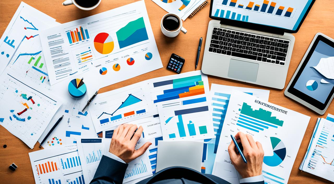 A productive workspace for small business planning, featuring a laptop, notebook, pen, calculator, and scattered sheets of paper with graphs and charts.