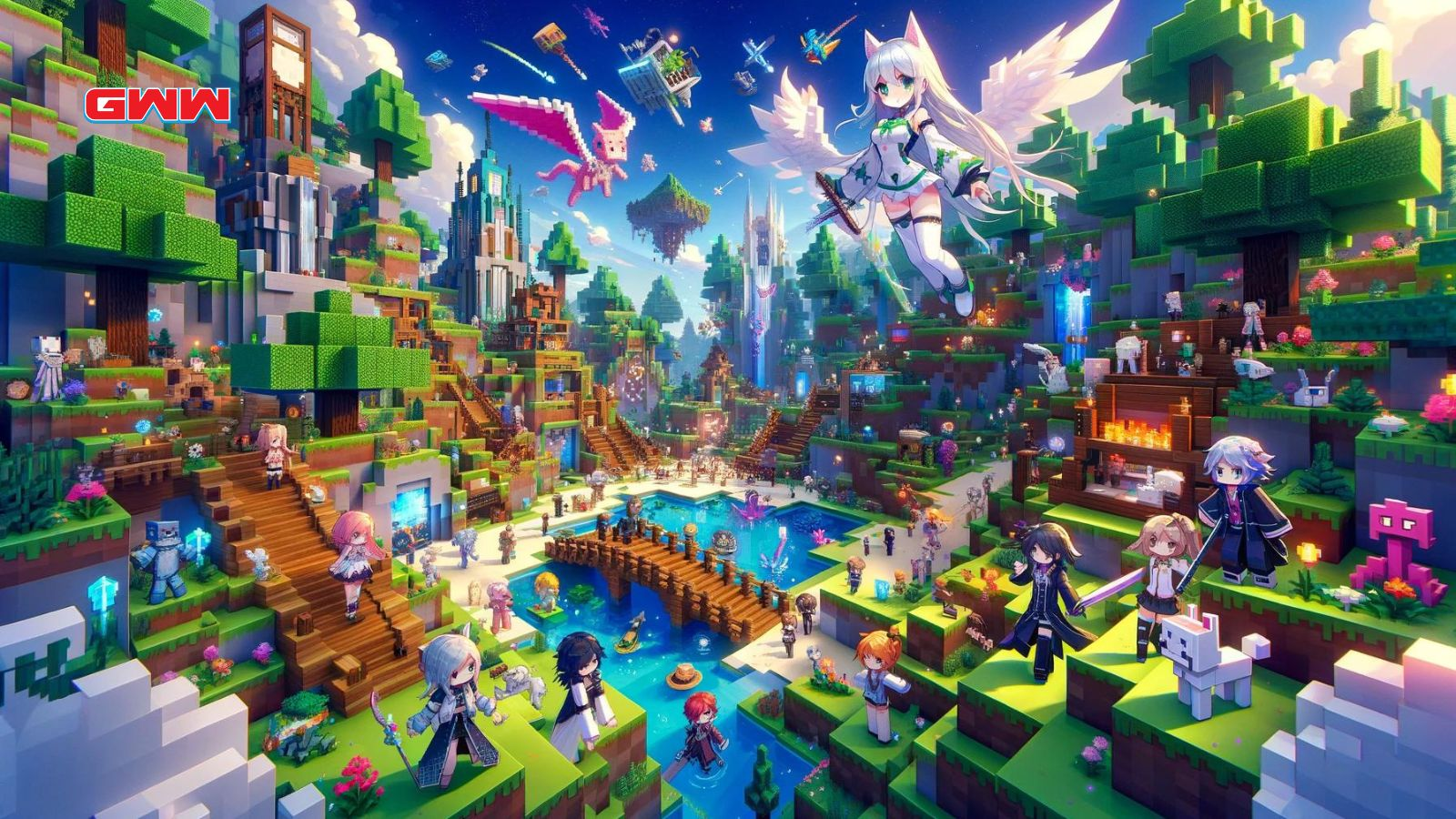 A vibrant, detailed scene of a virtual world that combines elements of anime. 