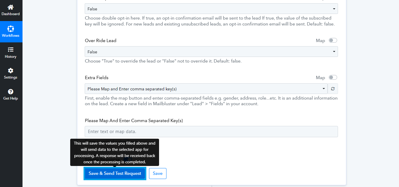 Save & Send Test Request on MailBluster Action tab 