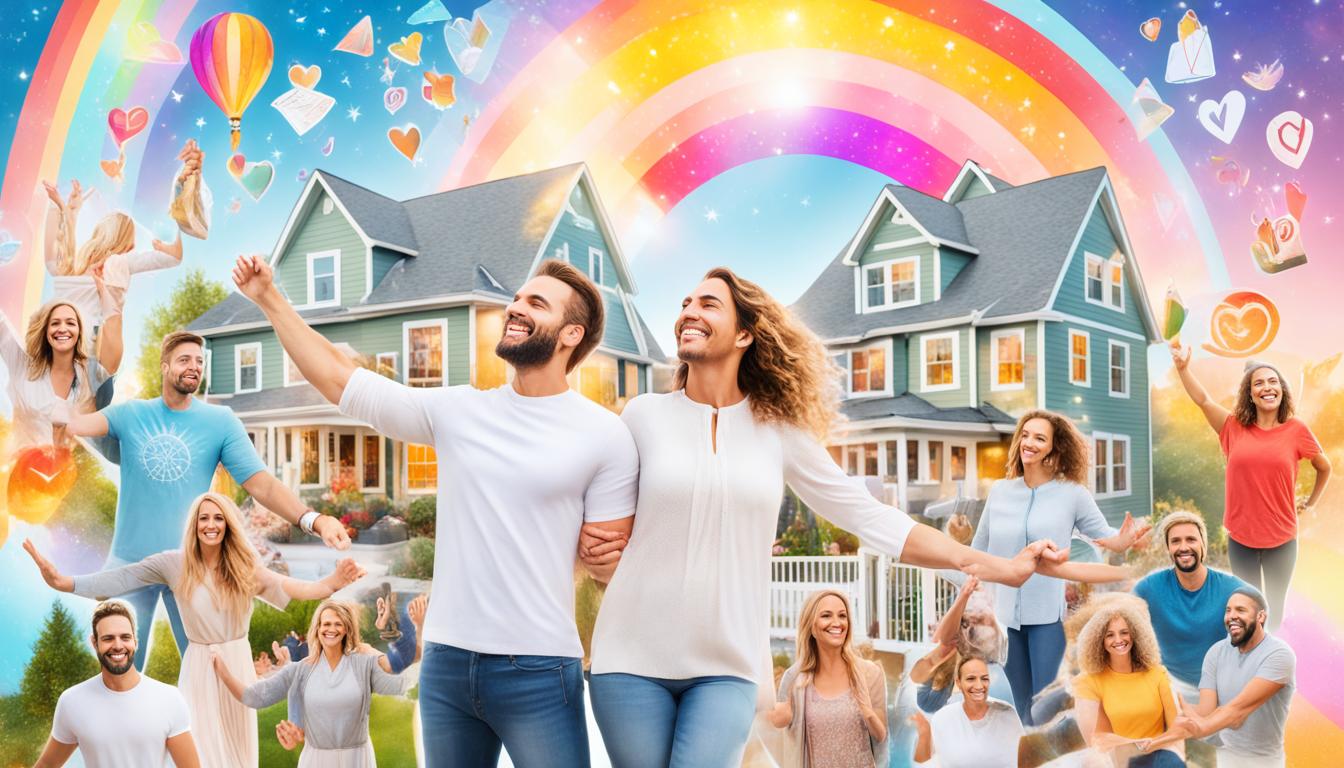 A collage of diverse individuals surrounded by symbols of love and abundance, representing their successful manifestations using the 369 method. One person is pictured holding hands with their soulmate, another standing in front of their dream home, and a third embracing their successful career. The background is filled with rainbows and sparkling stars, indicating the limitless possibilities of manifestation.