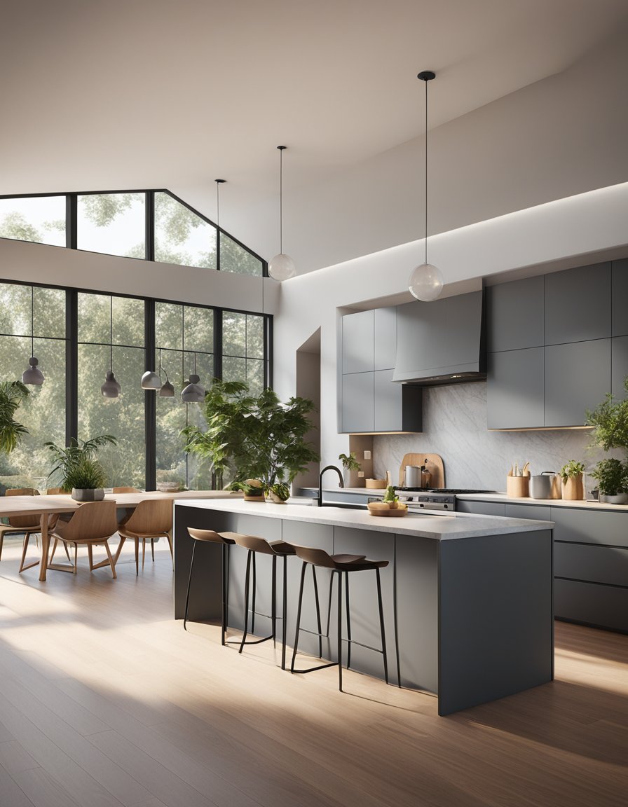 Gray cabinets surround a bold, colorful island in a modern kitchen. Light streams in from large windows, illuminating the sleek, contemporary design