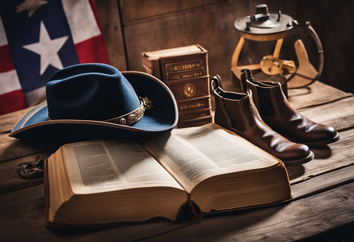 A dusty old book with a Texas flag on the cover sits on a wooden desk, surrounded by bizarre objects like a cowboy hat and a pair of cowboy boots