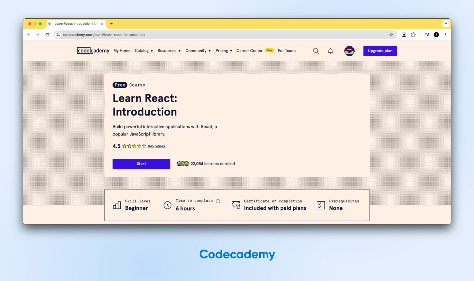 El curso gratuito de Codecademy, "Learn React: Introducción", obtiene 4,5 estrellas de más de 800 calificaciones