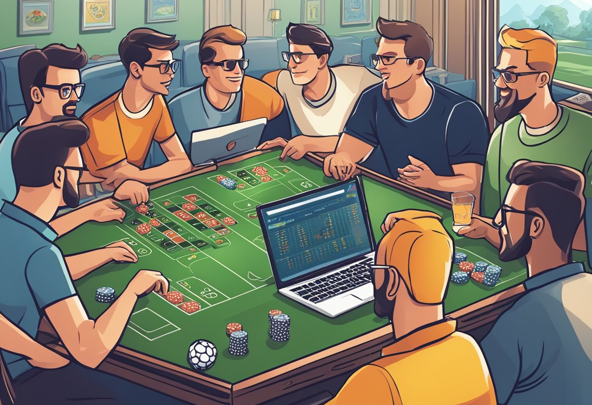 A group of football fans gather around a computer screen, learning the rules for responsible online casino gaming. The room is filled with excitement and anticipation as they prepare to play