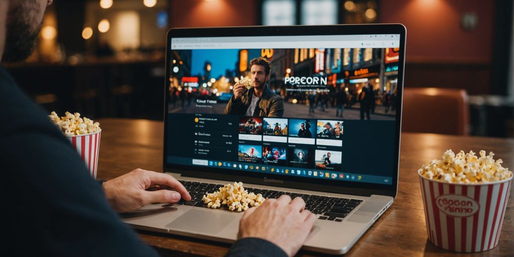 Person using FlixHQ on laptop with popcorn beside them.