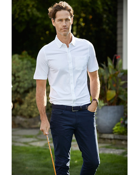 White Cutter & Buck Advantage Tri-Blend Pique Short Sleeve Knitted Mens Button Down Shirt