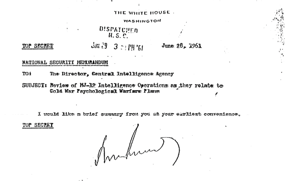r/UFOB - President Kennedy requests information from DCI Dulles regarding MJ-12 Ops