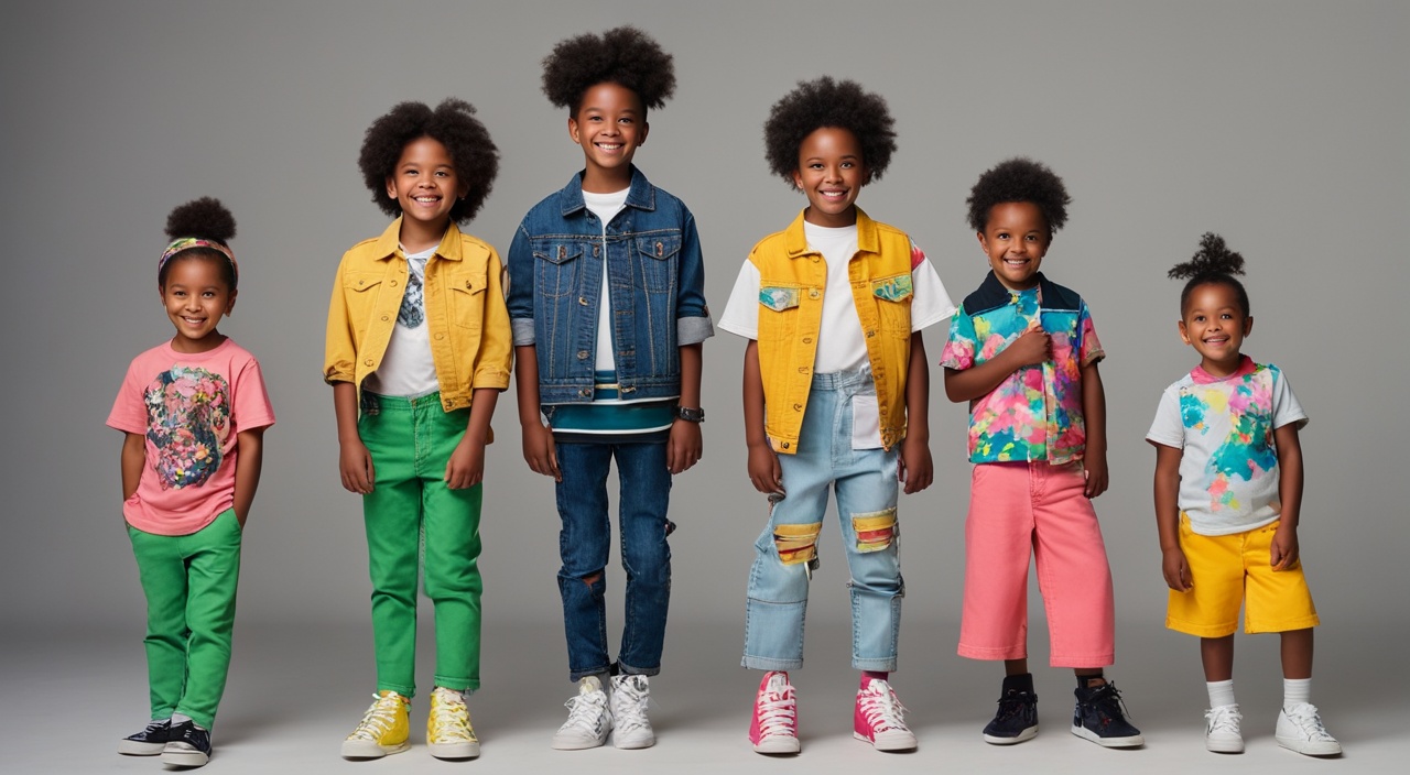 A group of three children, dressed in trendy clothing, standing against a blank background. One child is wearing a denim jacket with patches, shorts and rainbow-colored sneakers. The second child is wearing a bright green sequined dress with a matching headband. The third child is wearing a graphic t-shirt with a colorful print, paired with black denim jeans and high-top sneakers. They are all looking confidently at the camera with big smiles on their faces.