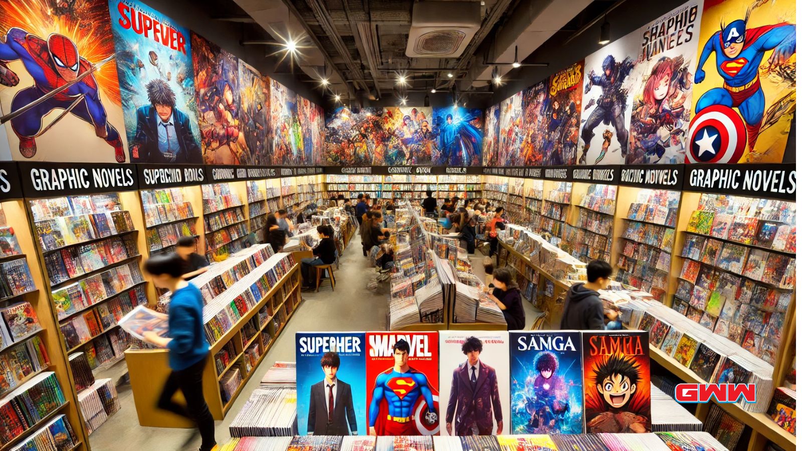 Busy comic book store with graphic novels and manga, Graphic novels for adults