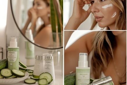 girl using cucumber-based skincare products