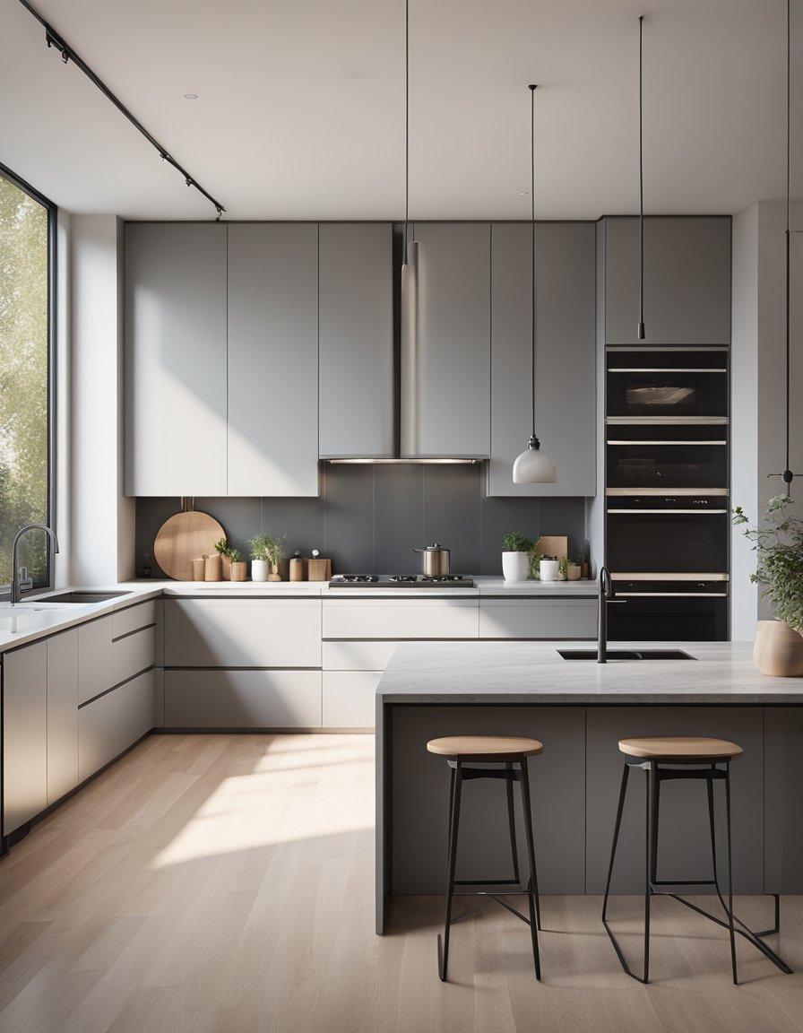 A sleek, modern kitchen with light gray minimalist cabinets and clean lines. Minimal decor and ample natural light create a bright, airy atmosphere