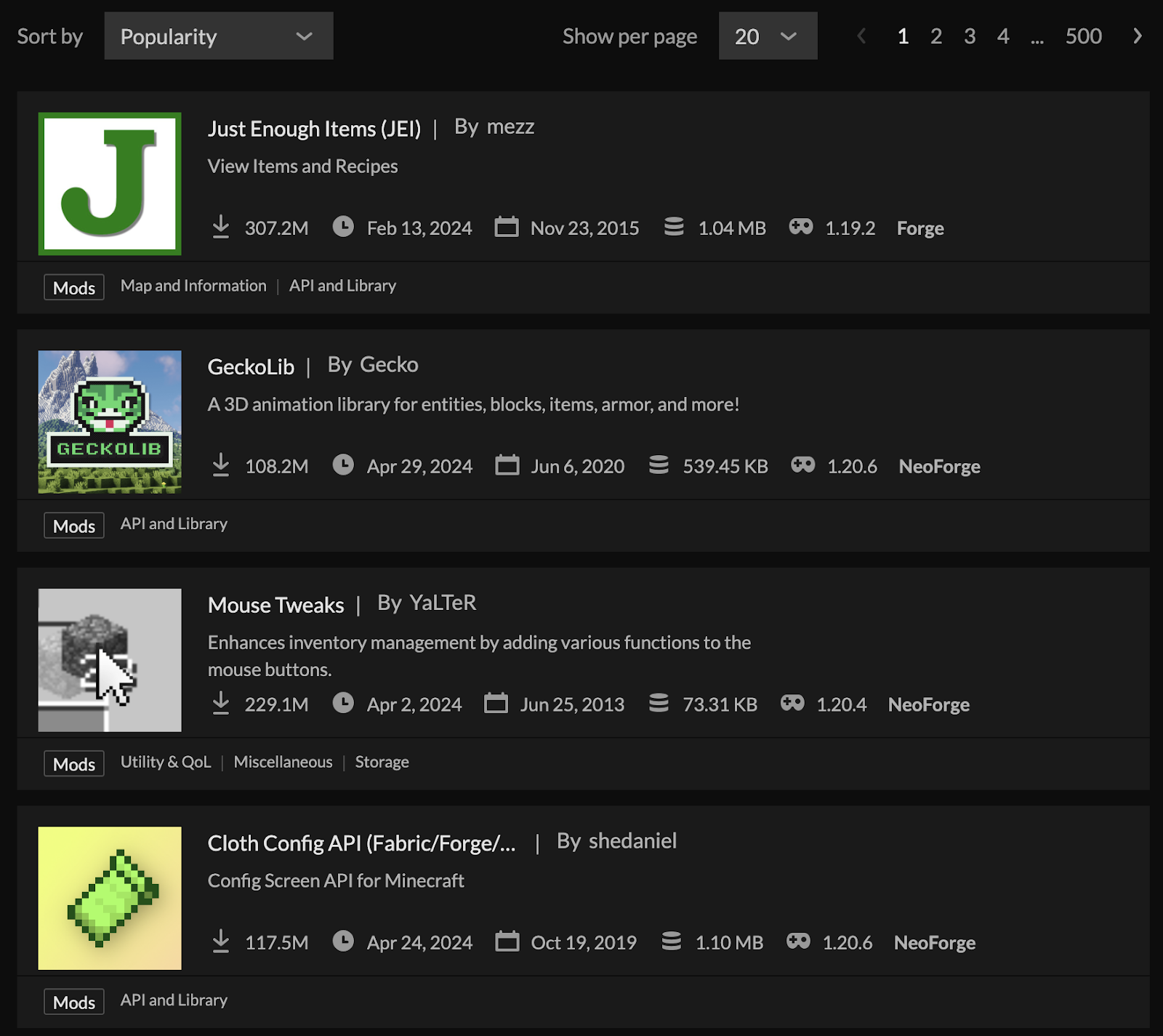 Screenshot of most popular Minecraft mods on CurseForge