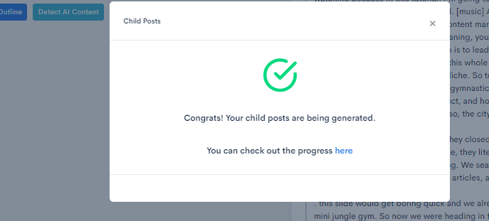 On submitting the child post creation form, you get this Congrats message