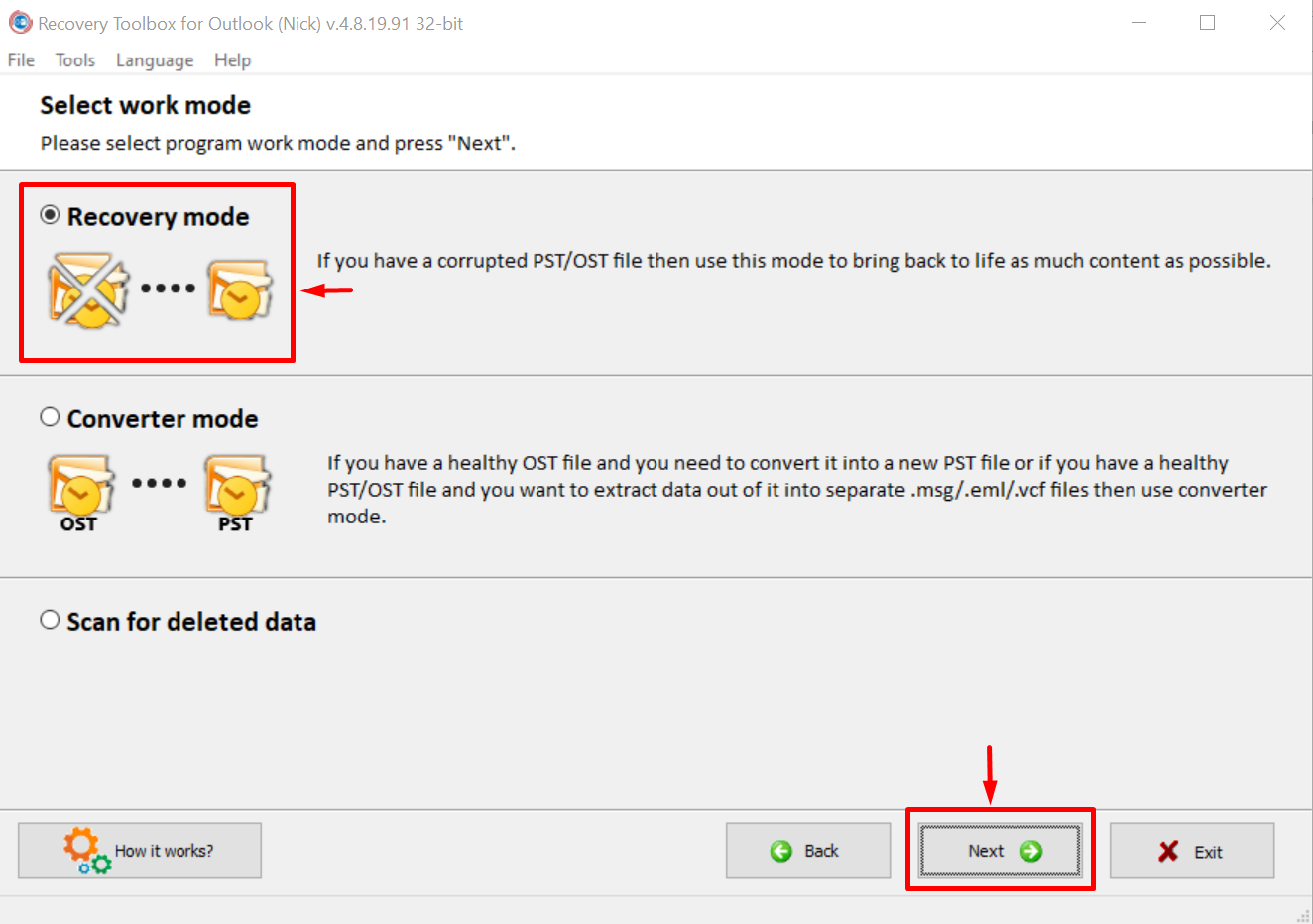 Selecting recovery mode in Recovery Toolbox for Outlook, with "Next" highlighted.