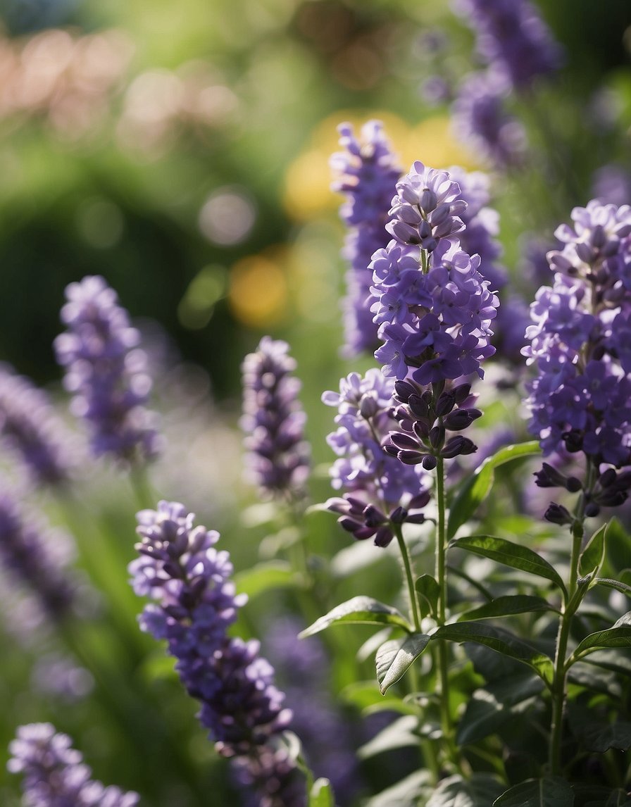 Lush garden with blooming lavender, jasmine, and roses. A gentle breeze carries their sweet scents through the air