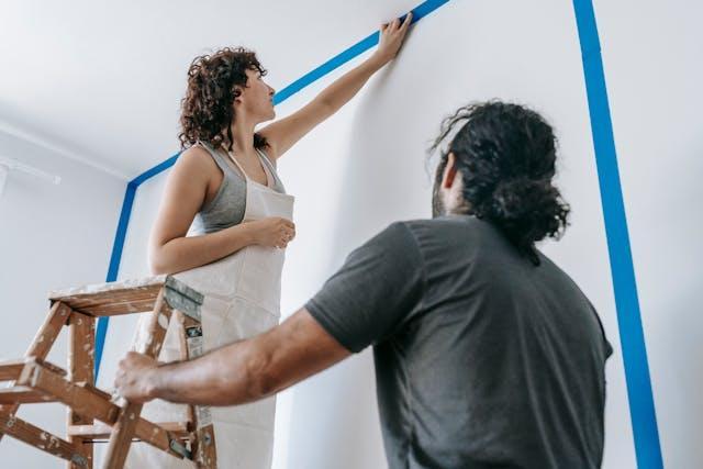 A man looking at a woman who’s putting blue tape on the wall