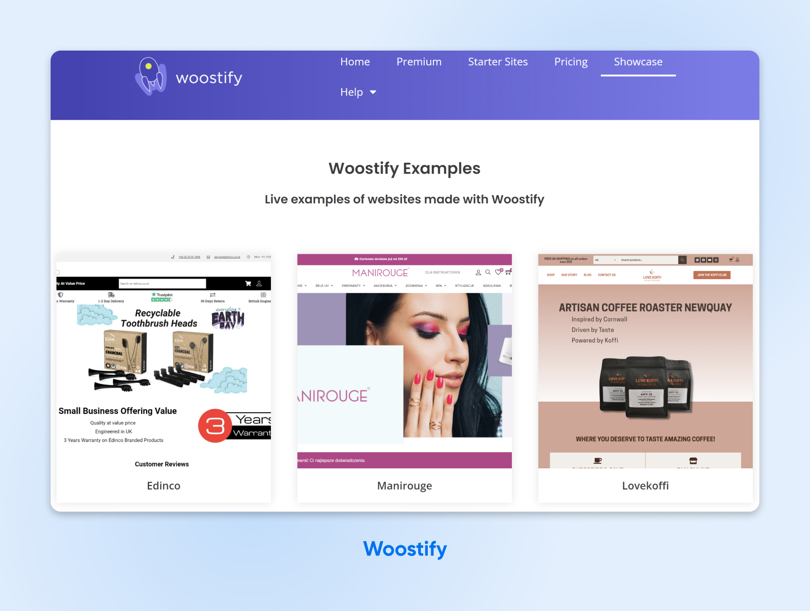 Página web de Woostify que muestra ejemplos en vivo de tres sitios web creados con el tema WooCommerce.
