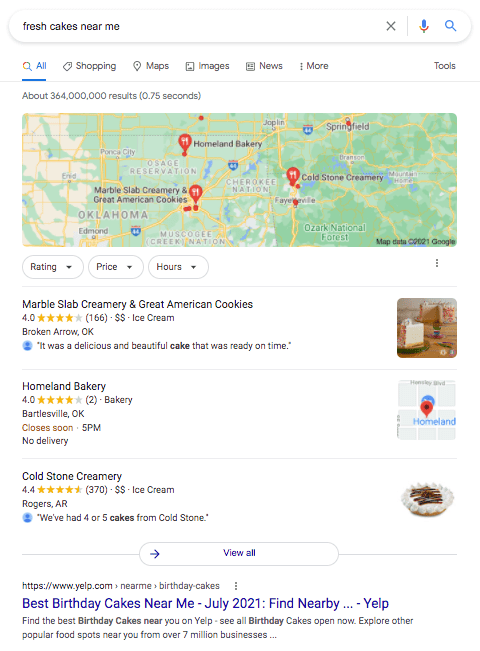 Local search intent example 'fresh cakes near me'.