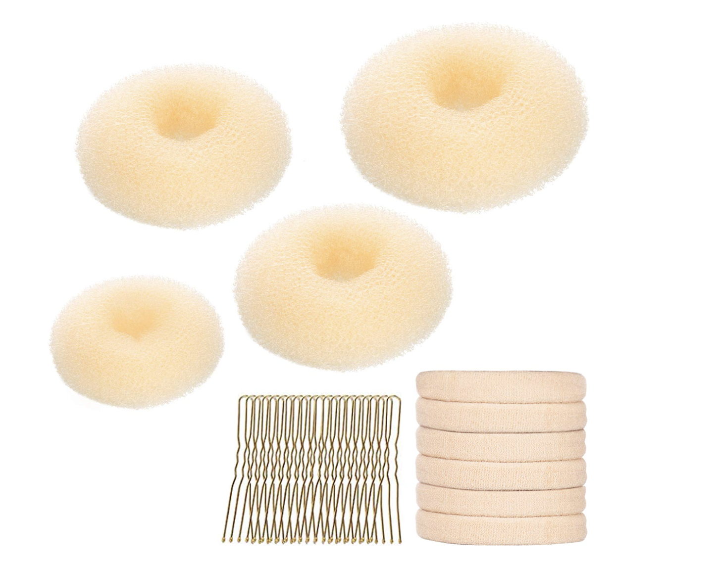 YaFex Hair Bun Maker Set, Donut Bun Maker 4 Pieces (1 Large, 2 Medium and 1 Small), 6 Pieces Elastic Hair Ties, 20 Pieces Hair Bobby Pins, Blonde