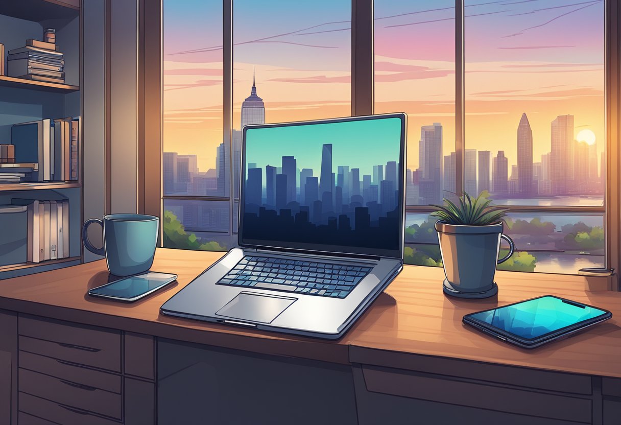 A laptop, phone, and notepad on a desk with a view of a city skyline through a window