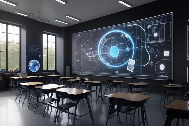 Futuristic school classroom with augmented reality projected in a electronic blackboard