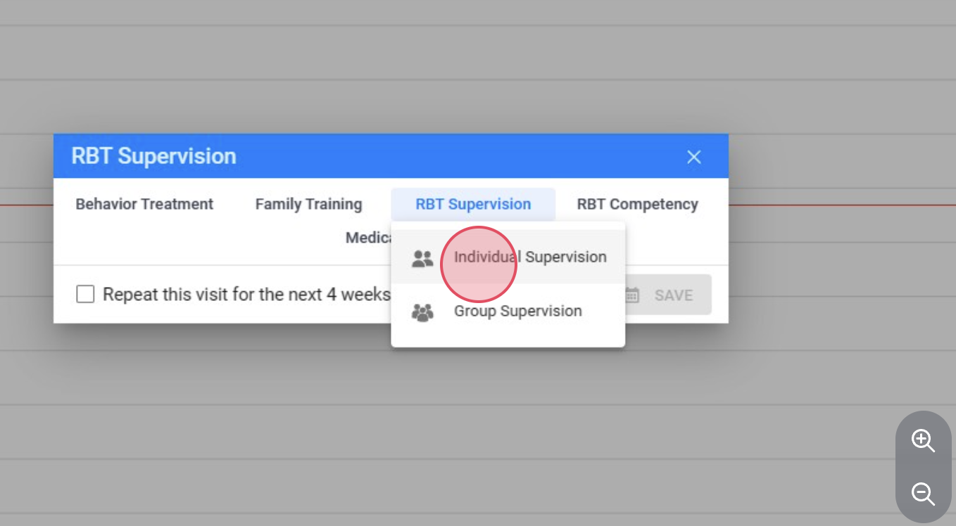You can add the supervision session individually or associate it with a behavior treatment session.