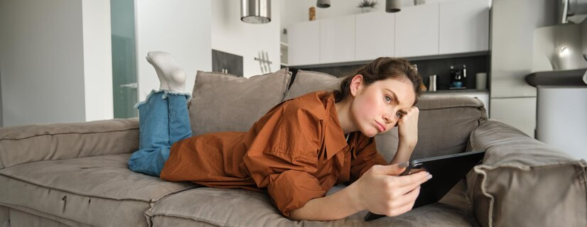 Portrait of woman lying on couch using digital tablet and sulking