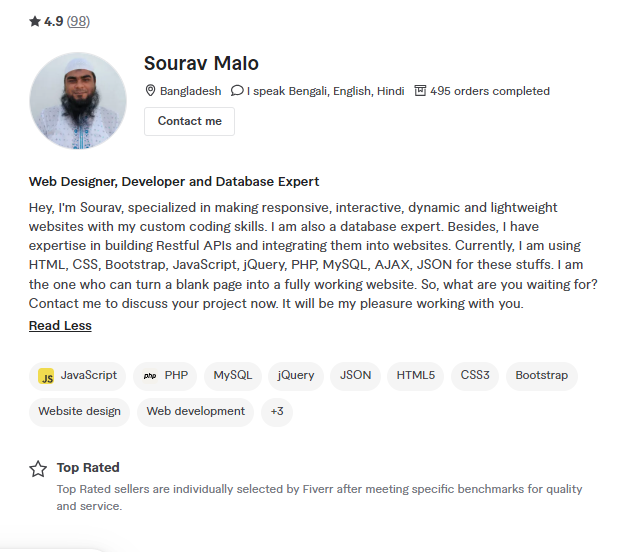 Sourav's fiverr profile - The best web developer offering a wide range of services including fetching data from MySQL database, custom dashboard creation, etc.