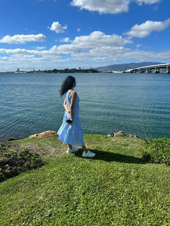 A person in a blue dress by the water

Description automatically generated