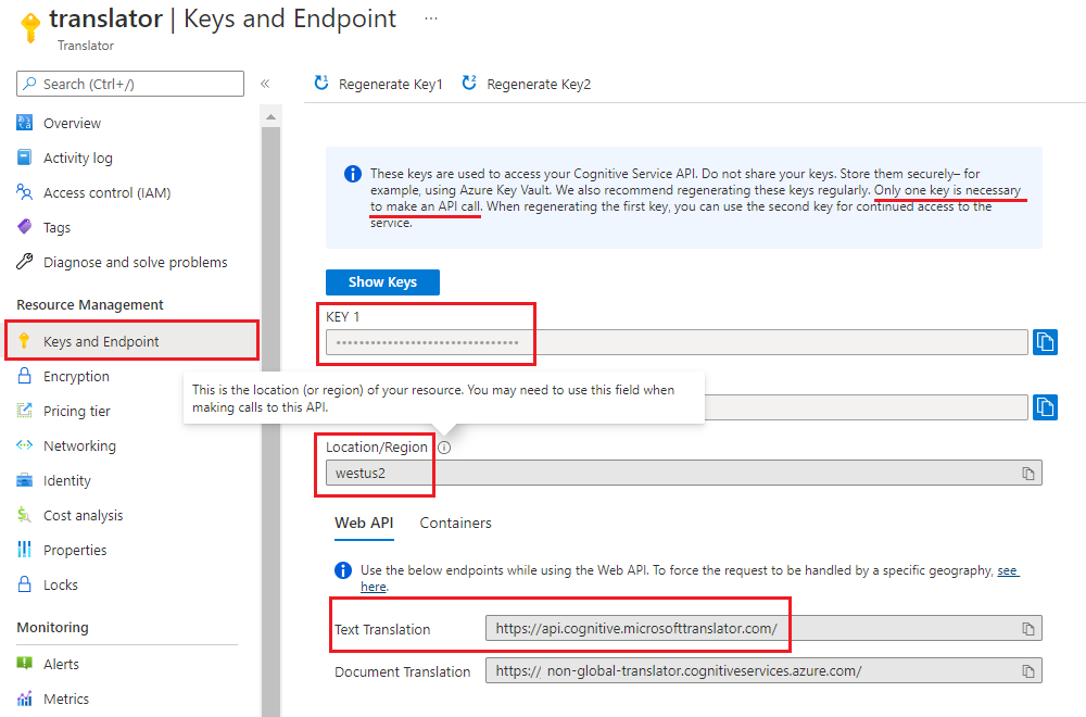 Translator | Keys and Endpoint 