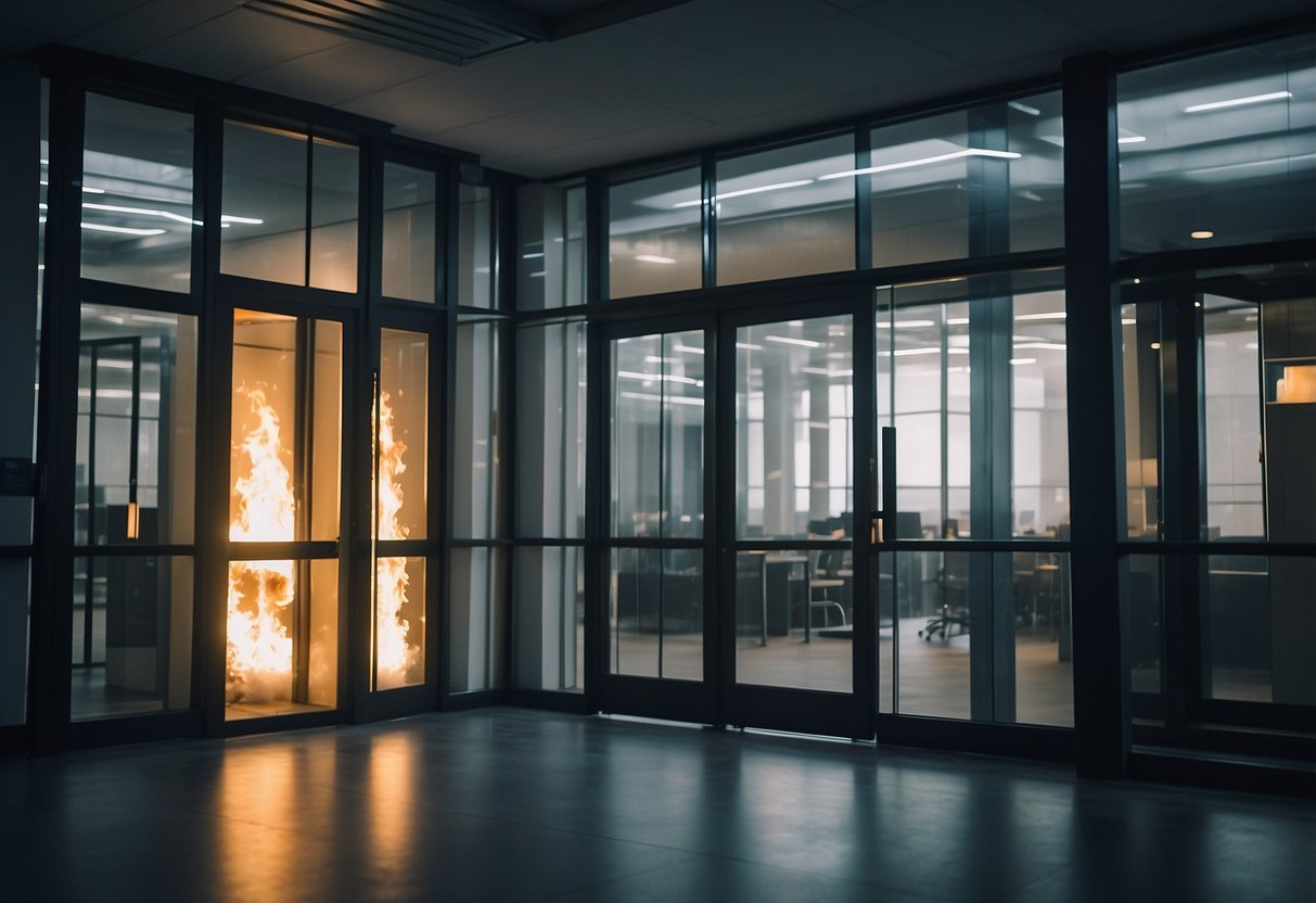 A building with clearly marked fire doors meeting UK regulations
