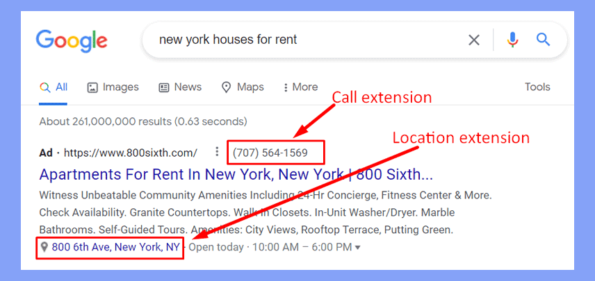 Call extension and Location Extension