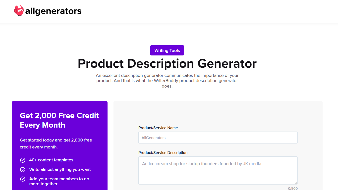 WriterBuddy Product Description Generator