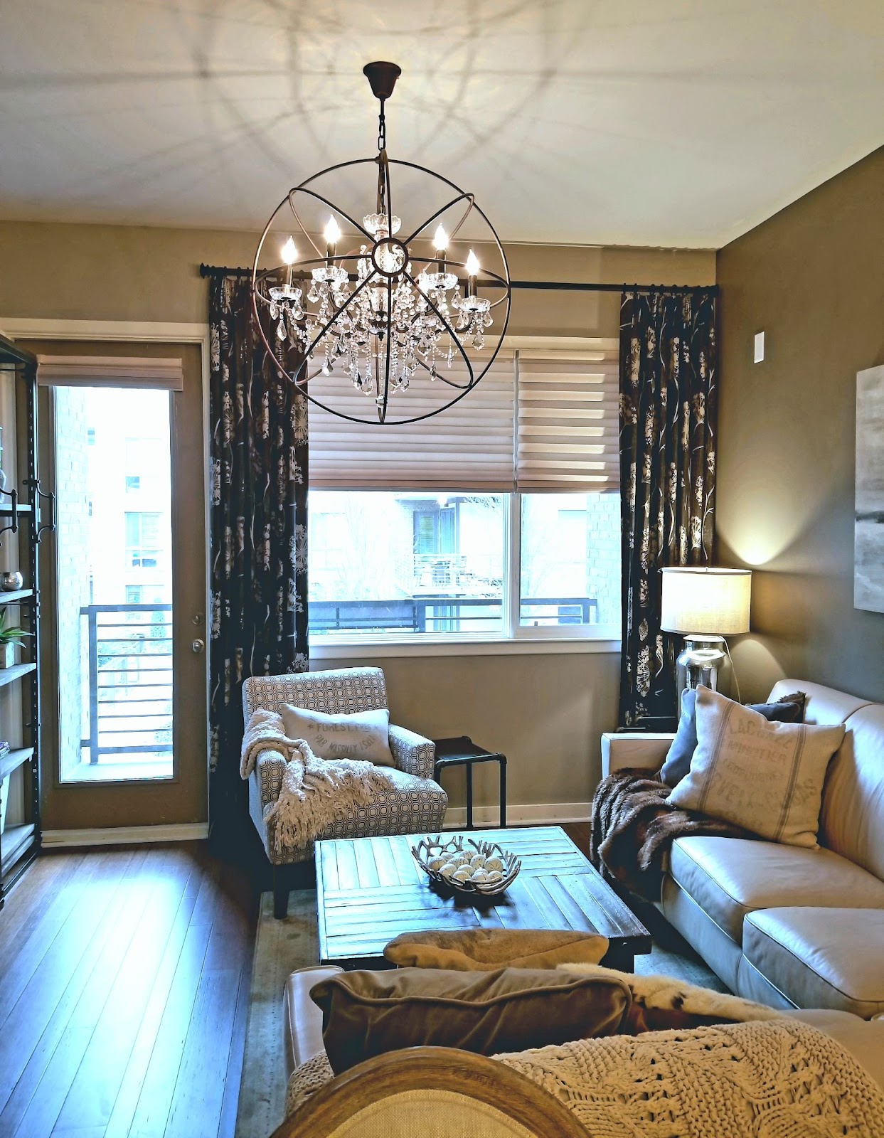 Custom black patterned curtains in the living room of a Chattanooga home