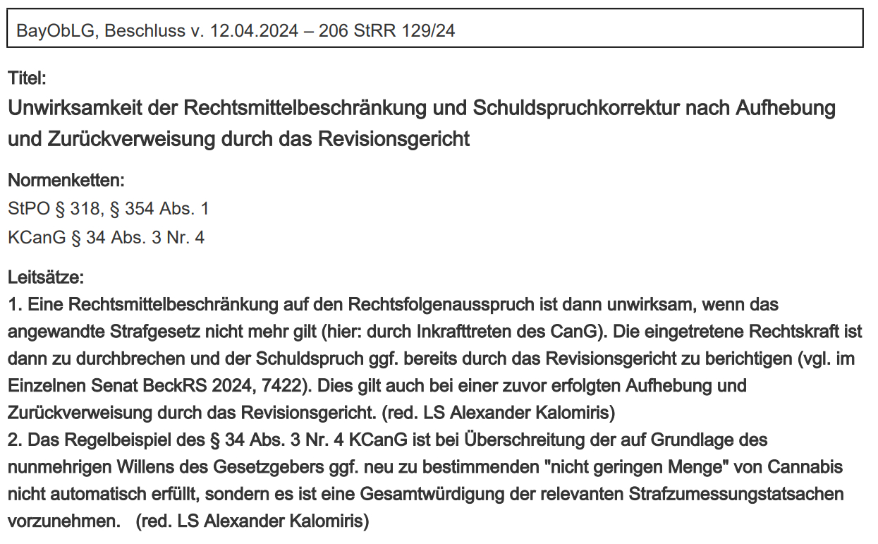 Nicht geringe Menge Cannabis Bayerisches Oberstes Landesgericht