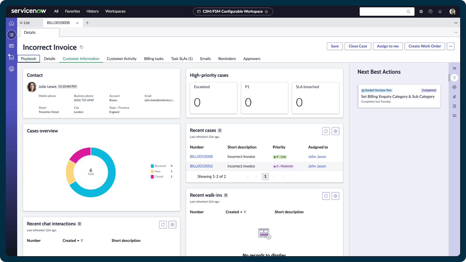 ServiceNow interface for managing customer service cases