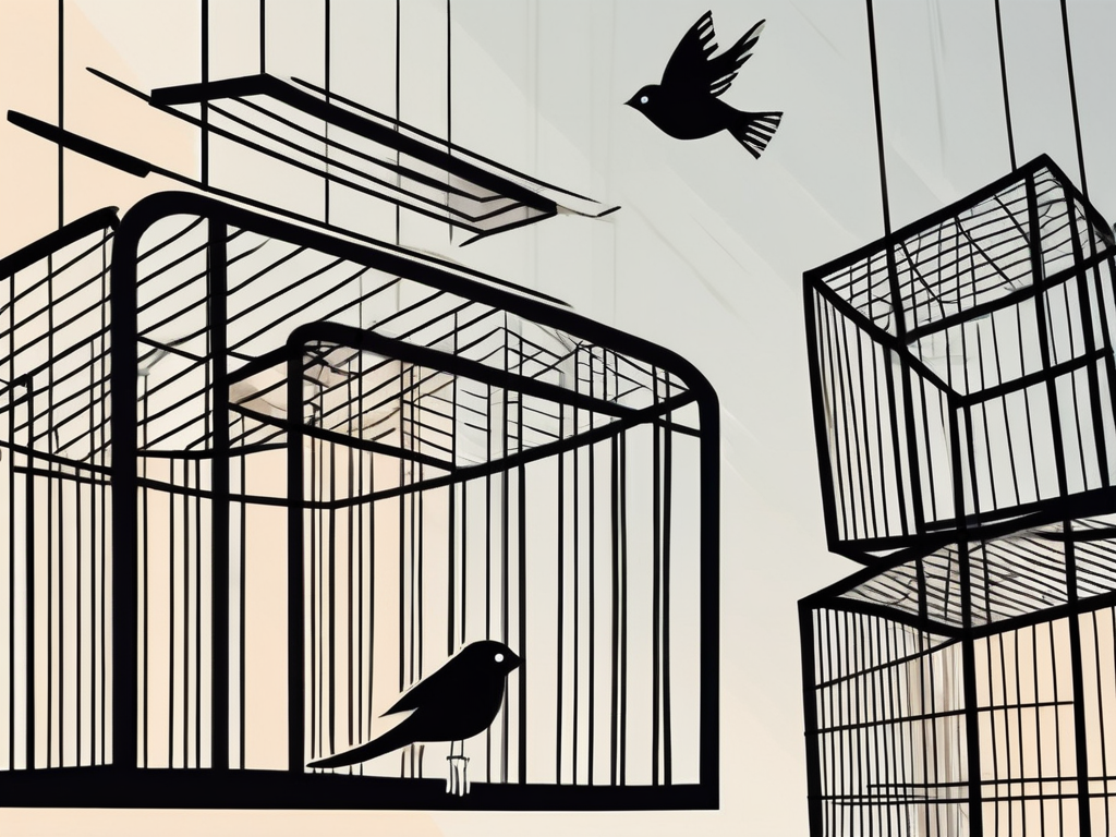 a bird flying away from an open cage, symbolizing the concept of achieving independence from a business, hand-drawn abstract illustration for a company blog, white background, professional, minimalist, clean lines, faded colors